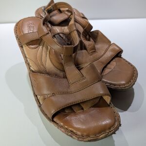Born Tan Leather Strappy Wedge Sandals